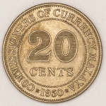 Numismática, Malásia. 20 cents 1950. Flor de cunho. 