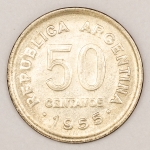 Numismática, Argentina. 50 centavos 1955. Flor de cunho.