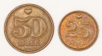 Numismática, Dinamarca. 25 e 50 ore 1991, 1990.
