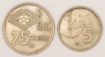 Numismática, Espanha. 5 e 25 pesetas 1982. Copa do mundo.