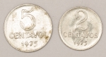 Numismática, Brasil. 1, 2 e 5 centavos. 1975. Escassas. Flor de cunho.