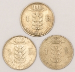 Numismática, Bélgica. 1 franco 1950, 1951, 1975.