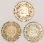 Numismática, Suíça. 20 happen. 1980 - 1985 - 1991. Flor de Cunho.