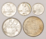 Numismática, Brasil. 1-2-5-50 centavos.  1 cruzeiro 1975. Escassas.