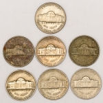Numismática, EUA. Lote com five cents. 1941 - 1949D - 1954 - 1963 - 1964D - 1973 - 1986P.