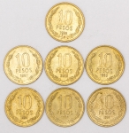 Numismática, Chile. Lote com 10 pesos anos 1993 - 1994 - 1996 - 1997 - 1998 - 1999 - 2000. Flor de cunho. 