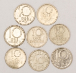Numismática, Noruega. Lote com 8 moedas. 10 ore. 1968 - 1970 - 1972 - 1973 - 1977 - 1986 - 1987.