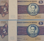 2 Cedulas _ Brasil - valor de 5 cruzeiros Azul !! decada de 1970 !! Flor de estampa !! Ass. Simonsen e Paulo H.P. Lira !! valor de mercado do somatório das cedulas = 50,00 Reais