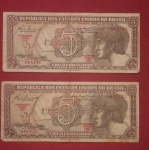 2 Cedulas / Brasil- 5 Cruzeiros Indio !! series 055 e 066 !! estado MBC !! valor de mercado= 25,00 Reais