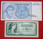 2 Cédulas, flor de estampa da Iugoslavia, valor de 5 Dinaras e 100 Dinaras, estampa com moças e lenço na cabeça