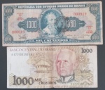 2 Cedulas do Brasil - valor de 1000 Cruzeiros em épocas diferentes !! decada de 1960 cor azul com carimbo de desvalorização !! e decada de 1990 cor amarelada !!  !! bom estado ....