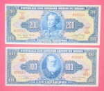 2 Cedulas ;Brasil  - valor de 100 e 200 cruzeiro azul series muito valorizadas !! Valor de estimativa de mercado = as 2 pecas = 100,00 Reais !!