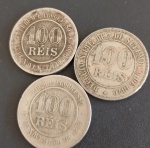 3 Moedas - Brasil !! valor de 100 Reis anos de 1893 , 1895 e 1871 !! tempo do Imperio e tempo da republica !! material cuproniquel !! valor inicial bem abaixo de mercado !!