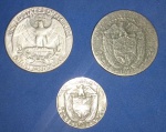 3 moedas / quarter dollar Prata ano 1964 !!! + 2 peças Panamá balboa valores diferentes   !!!!!   !! 