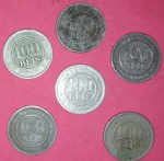 6 Moedas !! Brasil !! valor de 100 reis !! ano de 1889 , 1893 , 1895 , 1896 , 1897 e 1898 !! quase sequencia perfeita !! material cuproniquel !!
