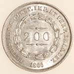 Moeda do Brasil: 200 Réis 1866 - Flor de Cunho - Belo brilho de cunhagem  - Prata