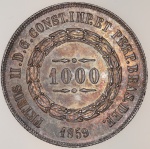Moeda do Brasil: 1000 Réis 1859 - Flor de Cunho - Linda patina colorida, com brilho de cunhagem -  Prata