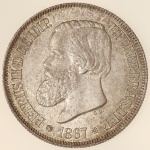 Moeda do Brasil: 500 Réis 1867 - Busto -  Flor de Cunho - Linda patina -  Prata