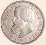 Moeda do Brasil: 1000 Réis 1880 - VARIANTE DATA EMENDADA - Soberba / Flor de Cunho - Linda patina colorida -  Prata