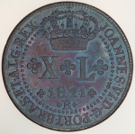 Moeda do Brasil: XL Réis 1821 Rio - Soberba / Flor de Cunho - Linda tonalidade azulada  -  Cobre