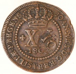 Moeda do Brasil: XX Réis 1803 L - Com carimbo de 10 do Pará - Soberba / Flor de Cunho  -  Cobre