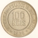 Moeda do Brasil: 100 Réis 1934 - Flor de Cunho - Patina colorida - Cuproníquel