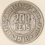 Moeda do Brasil: 200 Réis 1918 - Al V090 - Niquel -