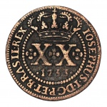 Moeda do Brasil: XX Réis 1753 51P. Data entre Pontos - Cobre