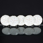 PORCELANA, cinco (5) pratos para sobremesa, ornamentação floral policromada, borda recortada, frisos a ouro,manufatura RENNER (Porto Alegre, RS, fundada em 1942; em 1998 foi vendida para a Vista Alegre de Portugal; em1999 mudou a razão social para Vista Alegre do Brasil), medindo 17,5 cm diâmetro, sinais de uso, vide foto.