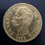 Moeda Estrangeira, ITÁLIA, Reinado Umberto I, Valor 20 Liras,  Ano 1882, Ouro, Peso 6,4 g, Diâmetro 21 mm, Soberba/FC.