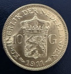 Moeda Estrangeira, HOLANDA, Rainha Guilhermina, Valor 10 Gulden,  Ano 1911, Ouro, Peso 6,7 g, Diâmetro 22 mm, Flor de Cunho.