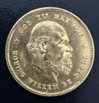 Moeda Estrangeira, HOLANDA, Reinado Guilherme III, "Que Deus Esteja Conosco", Valor 10 Gulden,  Ano 1876, Ouro, Peso 6,7 g, Diâmetro 22 mm, Flor de Cunho.