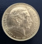 Moeda Estrangeira, DINAMARCA, Reinado Cristiano X, Valor 20 Kroner,  Ano 1917, Ouro, Peso 8,9 g, Diâmetro 23 mm, Flor de Cunho.