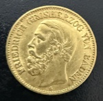 Moeda Estrangeira, ALEMANHA - BADEN, Governo do Grão Duque Frederico I, Valor 10 Mark,  Ano 1876 G, Ouro, Peso 4 g, Diâmetro 19 mm, Flor de Cunho.
