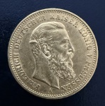 Moeda Estrangeira, ALEMANHA - PRÚSSIA, Reinado Frederico III, Valor 20 Mark,  Ano 1888 A, Ouro, Peso 8 g, Diâmetro 22 mm, Flor de Cunho.