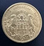 Moeda Estrangeira, IMPÉRIO ALEMÃO - Cidade Livre e Hanseática - HAMBURGO, Primeiro Prefeito Erster Bürgermeister, Valor 20 Mark,  Ano 1876 J, Ouro, Peso 8 g, Diâmetro 22 mm, Flor de Cunho.