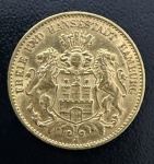 Moeda Estrangeira, IMPÉRIO ALEMÃO - Cidade Livre e Hanseática - HAMBURGO, Primeiro Prefeito Erster Bürgermeister, Valor 10 Mark,  Ano 1903 J, Ouro, Peso 4 g, Diâmetro 19 mm, Flor de Cunho.