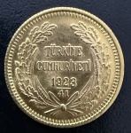 Moeda Estrangeira, República da TURQUIA, Valor 100 Kurush,  Ano 1923 + 41, Ouro, Peso 7,3 g, Diâmetro 22 mm, Flor de Cunho.