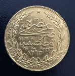 Moeda Estrangeira, TURQUIA, Valor 100 Kurus, Ano 1293, Ouro, Peso 7,2 g, Diâmetro 22 mm, Flor de Cunho.