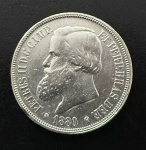 Moeda Brasileira, Império, 4º Tipo, Valor 1000 Reis, Ano 1880, Data Emendada, Prata, Peso 12,5 g, Diâmetro 30 mm, MBC/Soberba.