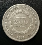 Moeda Brasileira, Império, 2º Tipo, Valor 200 Reis, Ano 1854, Coroa com Pérolas, Prata, Peso 2,5 g, Diâmetro 19 mm, Soberba.
