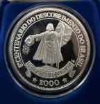 Medalha Comemorativa, 5º Centenário do Descobrimento do Brasil - Pedro Álvares Cabral- 1500/2000, Baixa Cunhagem, Prata 999, Peso 1 Onça, Diâmetro 39 mm, Fabricante North American Mint, Nova York/USA, Estojo Original, Proof - Flor de Cunho.