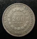 Moeda Brasileira, Império, 2º Tipo, Valor 200 Reis, Ano 1857, Coroa com Pérolas, Prata, Peso 2,5 g, Soberba.