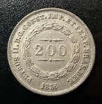 Moeda Brasileira, Império, 2º Tipo, Valor 200 Reis, Ano 1856, Coroa com Pérolas, Prata, Peso 2,5 g, Soberba/FC.