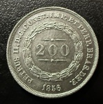 Moeda Brasileira, Império, 2º Tipo, Valor 200 Reis, Ano 1856, Coroa com Espinho, Prata, Peso 2,5 g, Soberba/FC.
