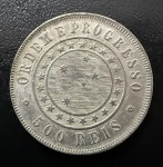Moeda Brasileira, República, 1º Tipo, Valor 500 Reis, Ano 1889, Prata, Peso 6,3 g, Soberba/FC.