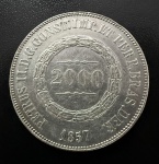 Moeda do Brasil, Império, Valor 2000 Reis, Ano 1857, Prata, Peso 25,5 g, Soberba.