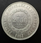 Moeda do Brasil, Império, Valor 2000 Reis, Ano 1854, Prata, Peso 25,5 g, Soberba.