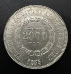 Moeda do Brasil, Império, Valor 2000 Reis, Ano 1855, Prata, Peso 25,5 g, Soberba/FC.