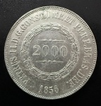 Moeda do Brasil, Império, Valor 2000 Reis, Ano 1856, Prata, Peso 25,5 g, Soberba/FC.